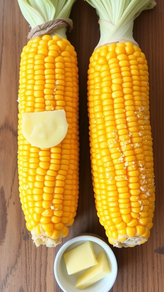 Two ears of corn on the cob with butter and salt on a wooden table.